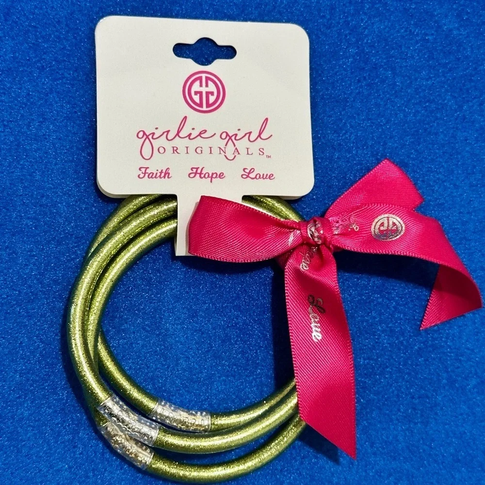 Girlie Girl Originals. 3 Glittery Green Bracelets with Pink Ribbon. (NWT)